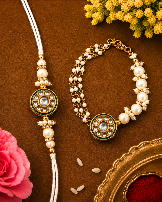 Bhai Bhabhi Pearl Rakhi Set