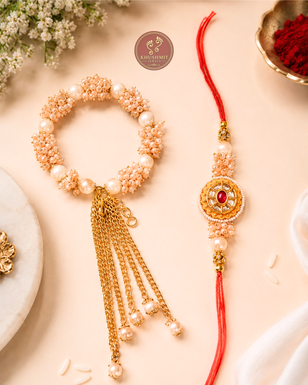 Bhai Bhabhi Pearl Rakhi Set