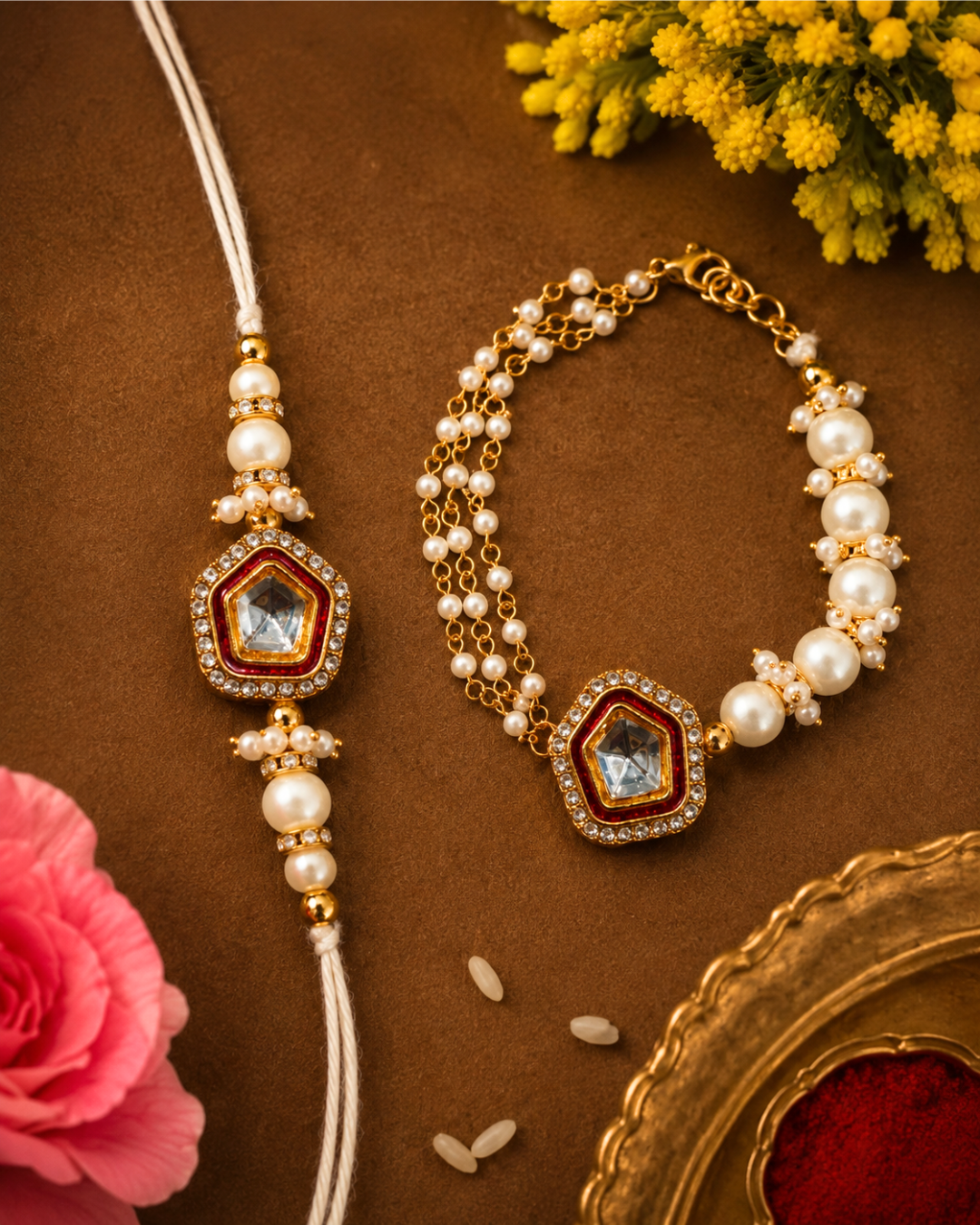 Bhai Bhabhi Pearl Rakhi Set